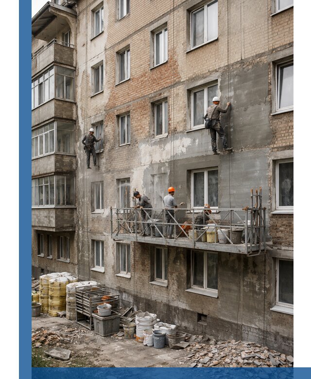 Капитальный ремонт фасада в Новошахтинске с восстановлением и гидроизоляцией