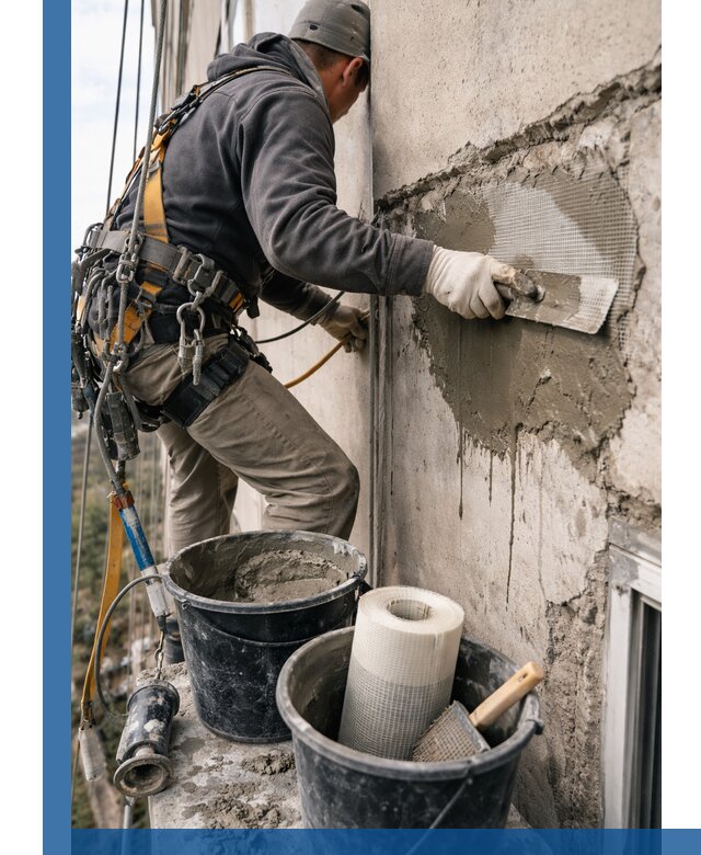 Ремонт бетонных элементов фасада промышленными альпинистами в Новошахтинске