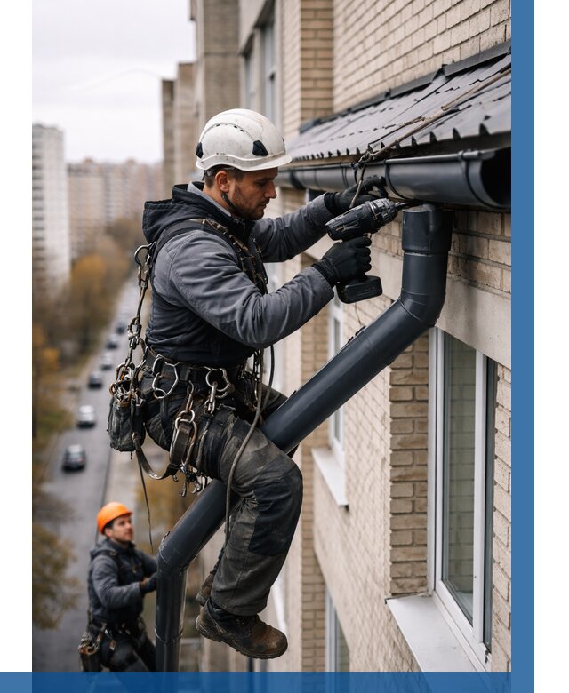 Монтаж водосточной системы на здании в Новошахтинске от 5208 р. | ВЫСОТНИК-Нвш