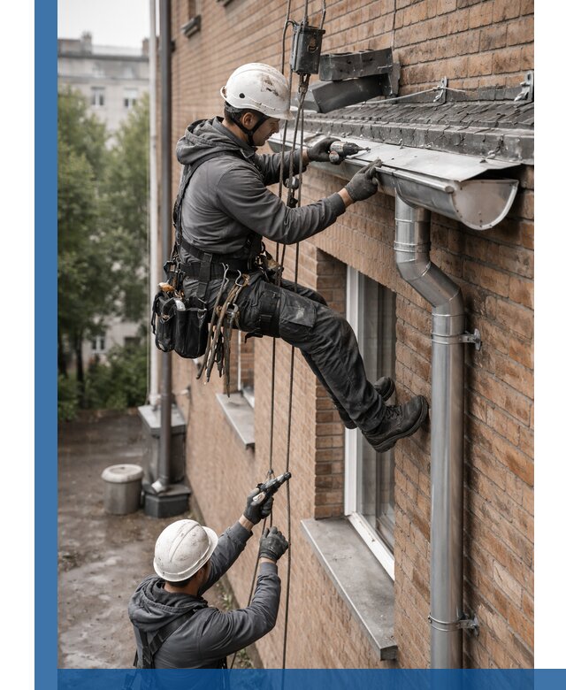 Монтаж водосточной системы на здании в Новошахтинске под ключ