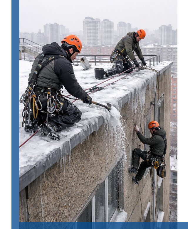 Удаление наледи с кровли в Новошахтинске промышленными альпинистами