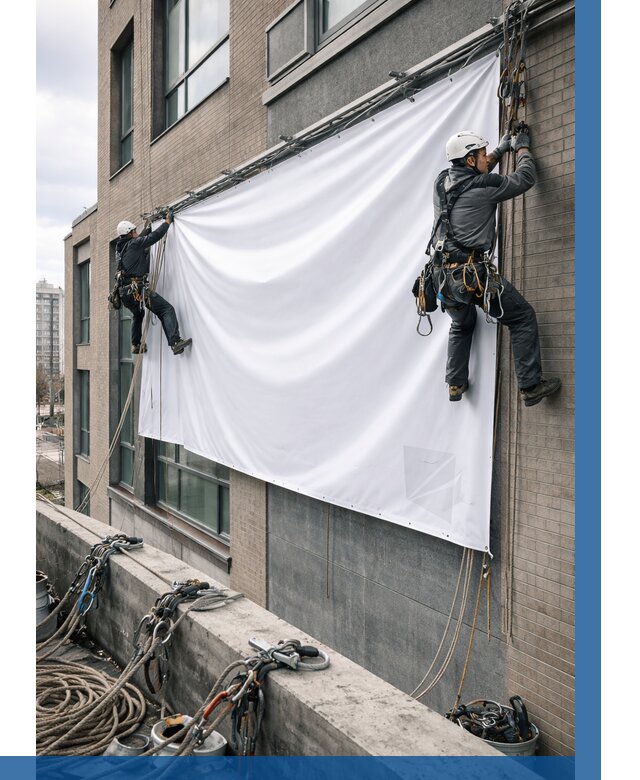 Монтаж баннеров на фасаде в Новошахтинске от 677 р. заказать ВЫСОТНИК-Нвш