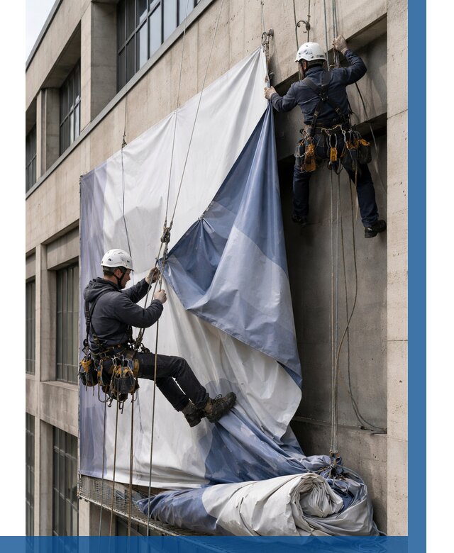 Демонтаж баннеров с фасада в Новошахтинске от 4687 р. | ВЫСОТНИК-Нвш