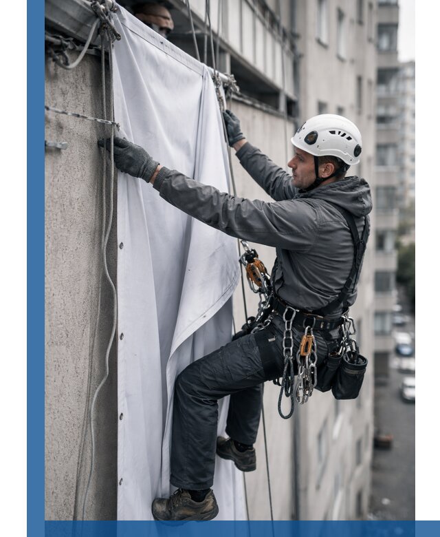 Замена баннерного полотна промышленными альпинистами в Новошахтинске