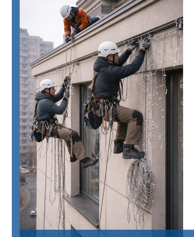 Монтаж праздничных гирлянд на фасаде в Новошахтинске для зданий