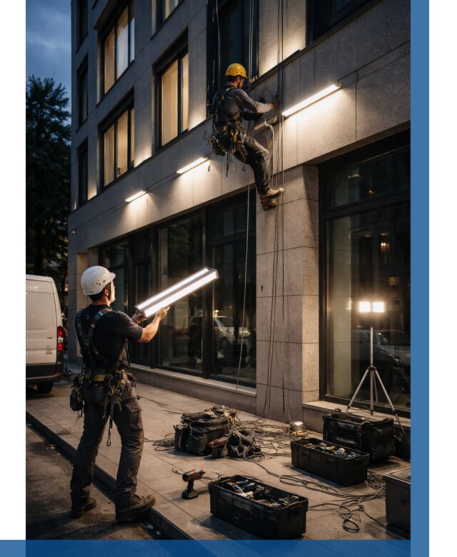 Монтаж архитектурной подсветки здания в Новошахтинске от 2604 р.|ВЫСОТНИК-Нвш