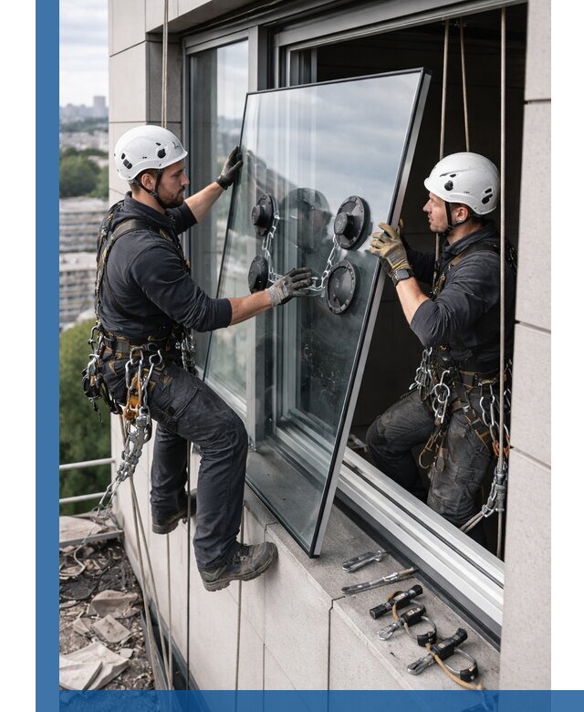 Замена стеклопакетов на высоте с промышленными альпинистами в Новошахтинске