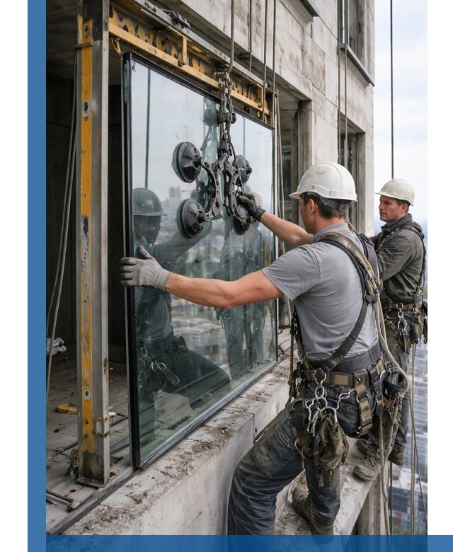 Монтаж стеклопакетов на высоте в Новошахтинске с промышленным альпинизмом