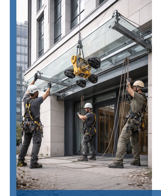 Монтаж стеклянных козырьков под ключ в Новошахтинске для зданий