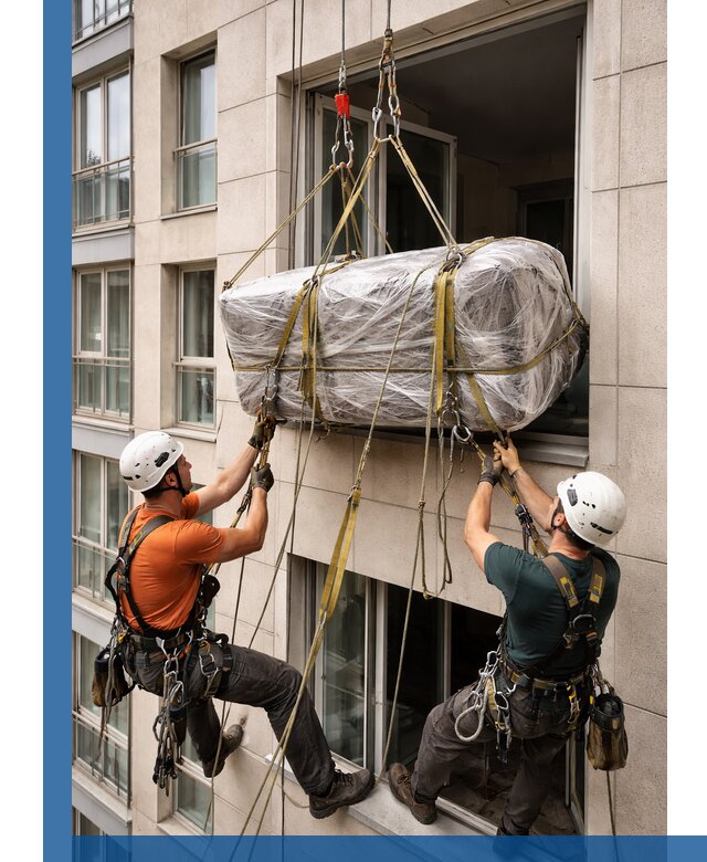 Подъем грузов через окно в Новошахтинске промышленными альпинистами