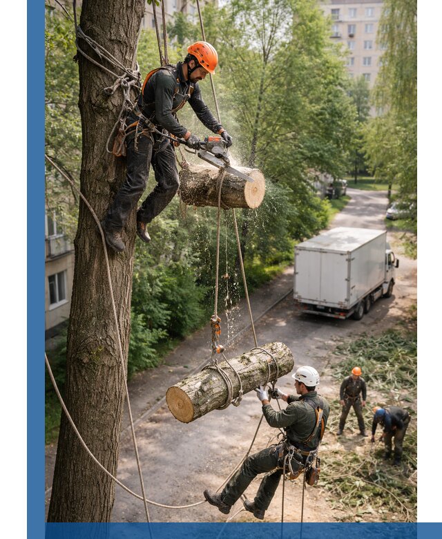 Спил деревьев альпинистами в Новошахтинске, безопасно и без повреждений