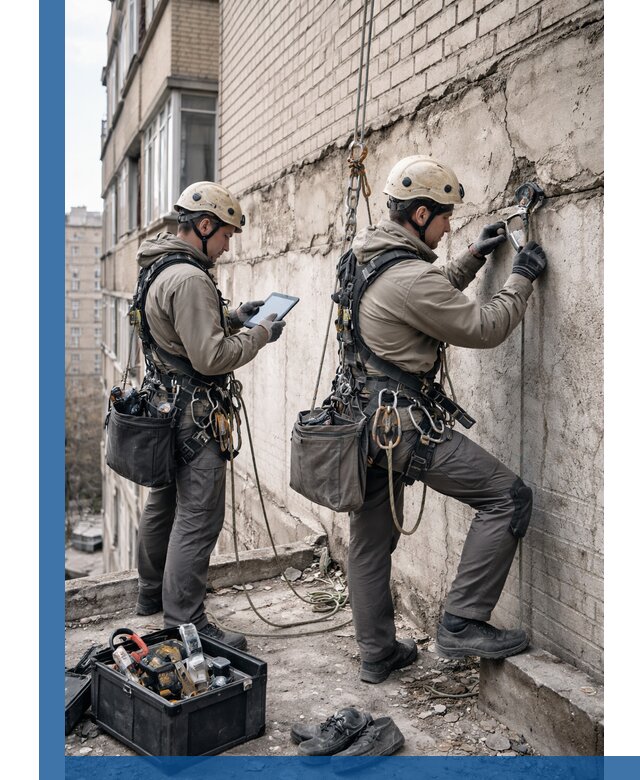 Обследование фасада промышленными альпинистами в Новошахтинске